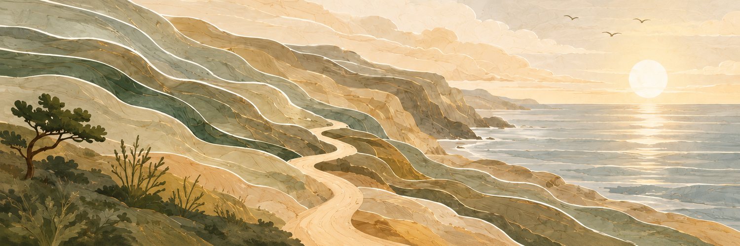 An illustrated coastal landscape of layered ridges running down to the sea at sunrise