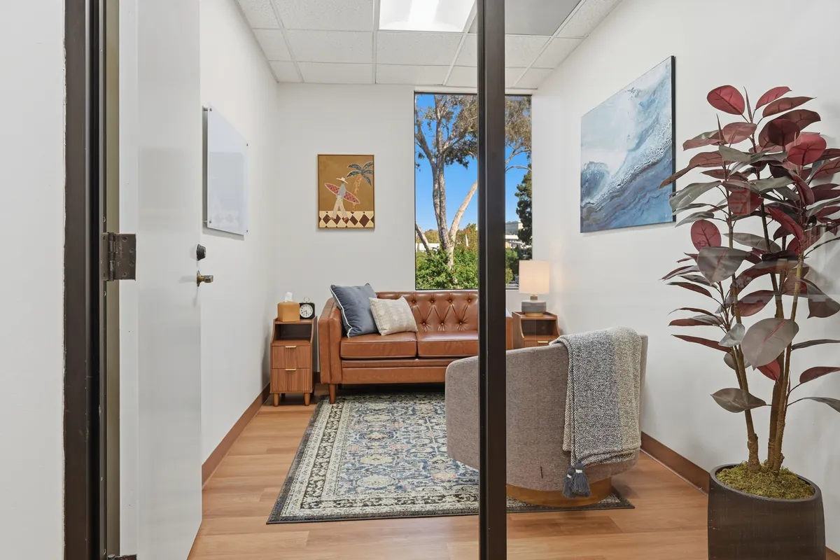 A therapy room with a tan leather sofa, a grey armchair and a patterned rug