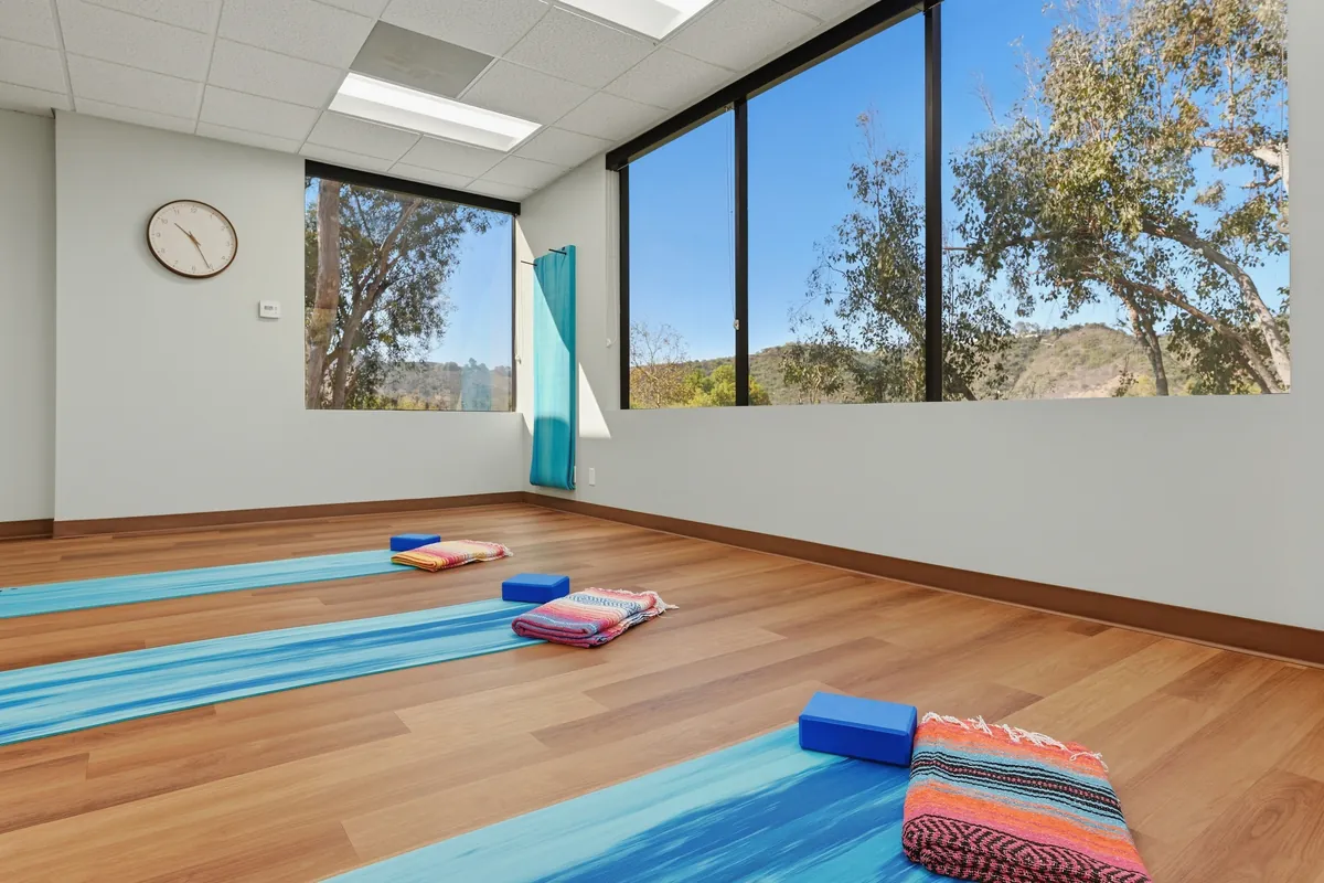 A movement room with yoga mats and blocks laid out on a wood floor in front of a wall of windows